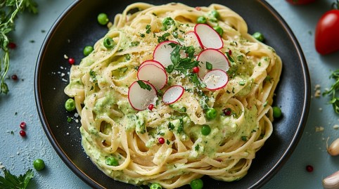Teller mit Nudeln mit Avocadosoße, Radieschen und Erbsen