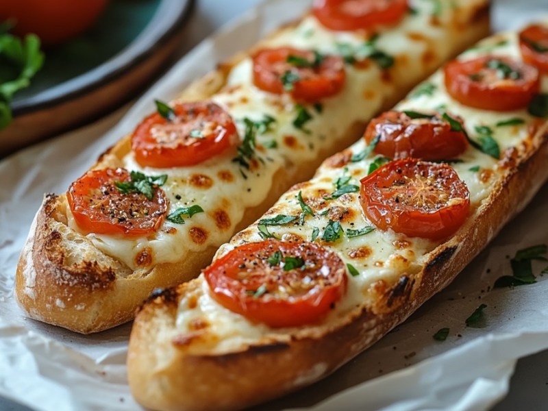 Zwei Ofenbaguettes Tomate-Mozzarella auf Backpapier.