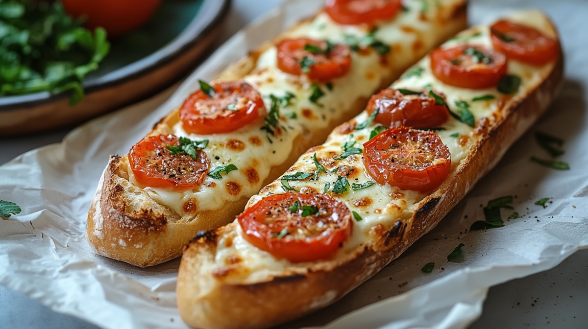 Zwei Ofenbaguettes Tomate-Mozzarella auf Backpapier.