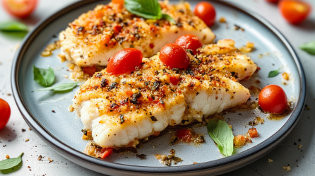 Zwei Stücke Ofenseelachs mit mediterraner Kruste liegen auf einem grauen Teller. Sie sind mit frischen Kräutern sowie Cherrytomaten garniert.