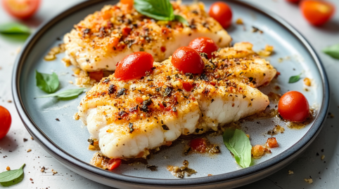 Zwei Stücke Ofenseelachs mit mediterraner Kruste liegen auf einem grauen Teller. Sie sind mit frischen Kräutern sowie Cherrytomaten garniert.