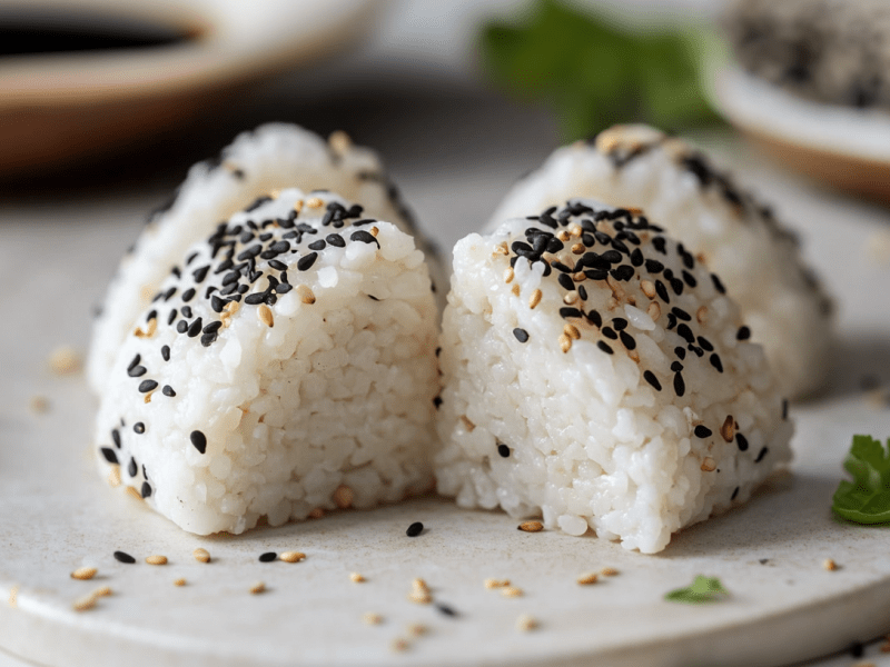 Onigiri ohne Noriblätter auf einer weißen Platte. Sie sind mit schwarzen und weißen Sesamkörnern bestreut. Neben ihnen liegen einige Kräuter, im Hintergrund sieht man eine große Schale mit Sojasoße.