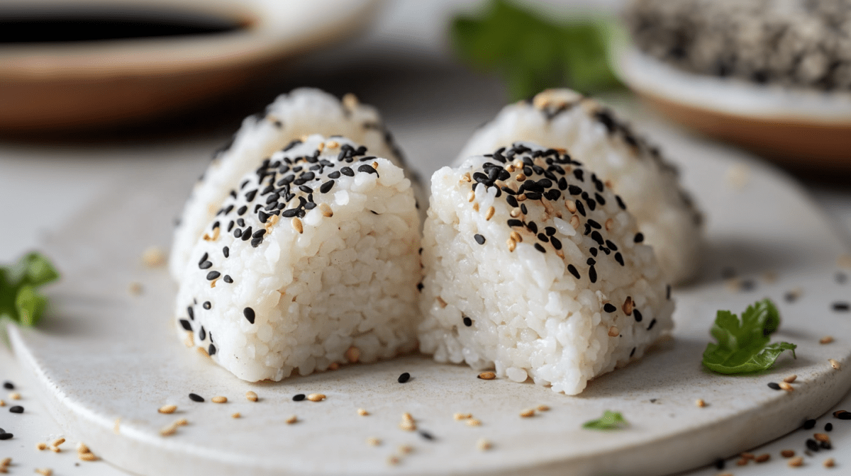 Onigiri ohne Noriblätter auf einer weißen Platte. Sie sind mit schwarzen und weißen Sesamkörnern bestreut. Neben ihnen liegen einige Kräuter, im Hintergrund sieht man eine große Schale mit Sojasoße.