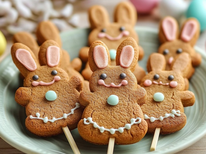 Ein paar Osterhasen-Lollis, Kekse in Hasenform am Stiel und verziert mit Zuckerschrift, auf einem Teller. Drumherum ein paar bunte Dekoeier.