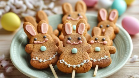 Ein paar Osterhasen-Lollis, Kekse in Hasenform am Stiel und verziert mit Zuckerschrift, auf einem Teller. Drumherum ein paar bunte Dekoeier.