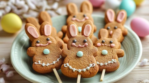 Ein paar Osterhasen-Lollis, Kekse in Hasenform am Stiel und verziert mit Zuckerschrift, auf einem Teller. Drumherum ein paar bunte Dekoeier.