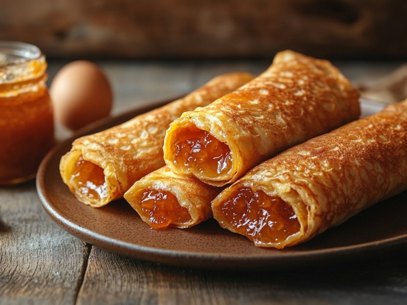 Ein Teller aufgerollte Palatschinken mit Aprikosenmarmelade gefüllt, daneben ein Ei und ein Glas Marmelade.