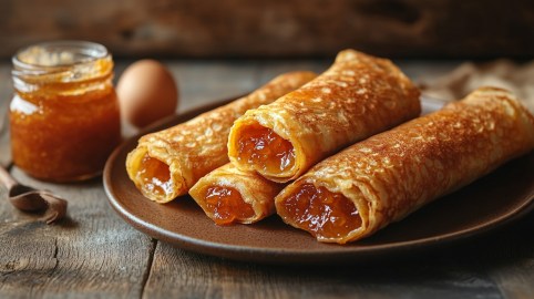 Ein Teller aufgerollte Palatschinken mit Aprikosenmarmelade gefüllt, daneben ein Ei und ein Glas Marmelade.