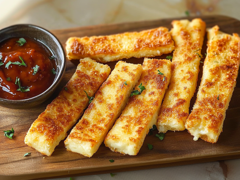 Panierte Camembert-Stäbchen auf einem Holzbrett. Daneben steht eine Schale mit Preiselbeer-Chili-Dip.