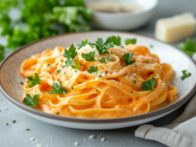Ein Teller Pasta mit cremiger Karottensoße, die mit frisch geriebenem Parmesan und etwas frischer Petersilie garniert ist. Rechts neben dem Teller liegt ein helles Küchenhandtuch. Hinter dem Teller im Hintergrund liegt ein Stück Parmesan, ein Bund frischer Petersilie, eine Schale mit Gewürzen und ein Glasgefäß mit einer roten Flüssigkeit.