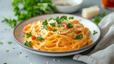 Ein Teller Pasta mit cremiger Karottensoße, die mit frisch geriebenem Parmesan und etwas frischer Petersilie garniert ist. Rechts neben dem Teller liegt ein helles Küchenhandtuch. Hinter dem Teller im Hintergrund liegt ein Stück Parmesan, ein Bund frischer Petersilie, eine Schale mit Gewürzen und ein Glasgefäß mit einer roten Flüssigkeit.