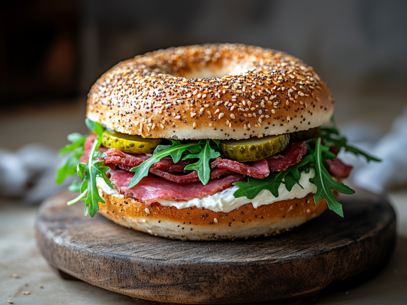 Ein Pastrami-Bagel liegt auf einem runden Holzbrett auf einem rustikalen Tisch. Im Hintergrund liegen Küchentücher.