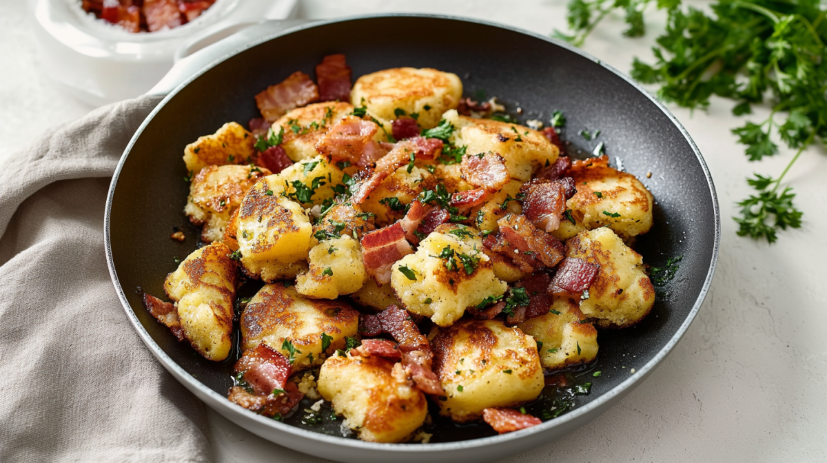 Ein schwarzer Teller mit Petersilien-Speck-Schmarrn steht auf einem weißen Untergrund. Unter dem Teller liegt ein graues Tuch. Im Hintergrund sieht man noch ein wenig frische Petersilie sowie eine Schüssel Schinken