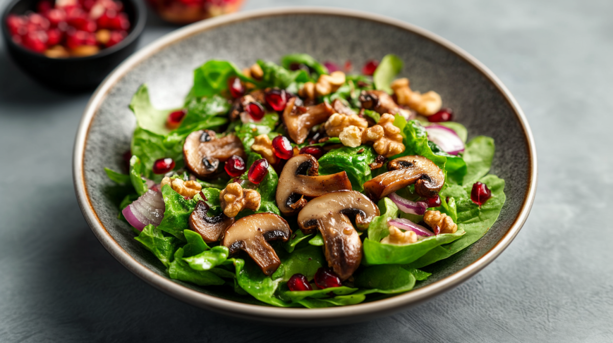 Eine Schüssel mit Feldsalat mit Pilzen auf einem grauen Tisch. Der Salat ist mit Pilzen, Zwiebeln, Granatapfelkernen und Walnüssen angerichtet. Im Hintergrund sieht man noch eine Schale Granatapfelkerne.