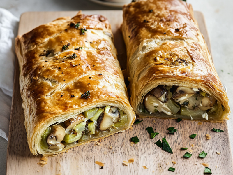 Ein Holzbrett, auf dem ein aufgeschnittener Pilz-Lauch-Strudel aus Blätterteig liegt. Neben dem Holzbrett liegt ein Küchenhandtuch und auf der anderen Seite steht ein kleines Glas Weißwein.