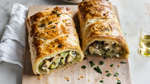Ein Holzbrett, auf dem ein aufgeschnittener Pilz-Lauch-Strudel aus Blätterteig liegt. Neben dem Holzbrett liegt ein Küchenhandtuch und auf der anderen Seite steht ein kleines Glas Weißwein.