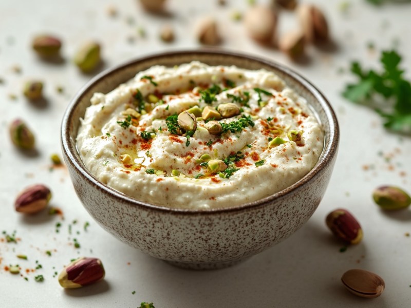 Eine Schale Pistazien-Feta-Dip garniert mit Chiliflocken, gehackten Pistazien und Kräutern. Drumherum einige Pistazien und Kräuter.