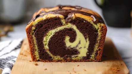 Ein angeschnittener Pistazien-Marmorkuchen auf einem Holzbrett.