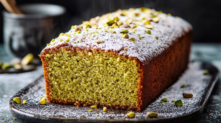 Ein großer Teller mit einem angeschnittenen Pistazienkuchen ohne Mehl, der mit Puderzucker bestäubt und mit einigen gehackten Pistazien bestreut ist. Auf dem Teller liegt ebenso Puderzucker und gehackte Pistazien. Im Hintergrund ist ein Gefäß mit einem Holzlöffel zu sehen.
