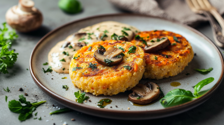 Zwei Polenta-Möhren-Taler liegen auf einem grauen Teller. Sie sind mit Pilzrahmsoße angerichtet und frischen Kräutern überstreut. Neben dem Teller liegen weitere Kräuter. Im Hintergrund sieht man ein Tuch mit Besteck darauf.