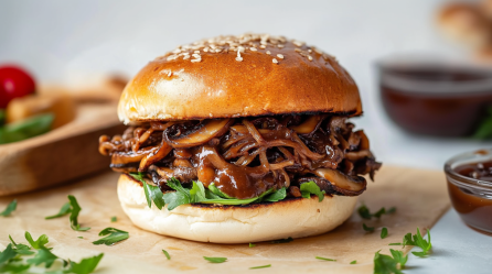 Ein Pulled-Mushroom-Burger steht auf einem dünnen Holzbrett. Um ihn herum liegt etwas gezupfter Rucola. im Hintergrund sieht man eine Tomate sowie verschiedene Soßen.