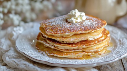 Ein Stapel Quarkpfannkuchen ohne Mehl auf einem Teller.