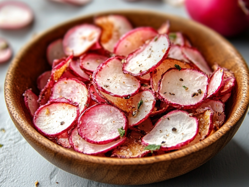 Eine Holzschüssel voll mit Radieschen-Chips aus dem Ofen, die mit getrockneten Kräutern und Salz gewürzt sind. Um die Schüssel herum liegen weitere einzelne Radieschen-Chips sowie Kräuter verstreut. Im Hintergrund kann man ein Radieschen erkenn.
