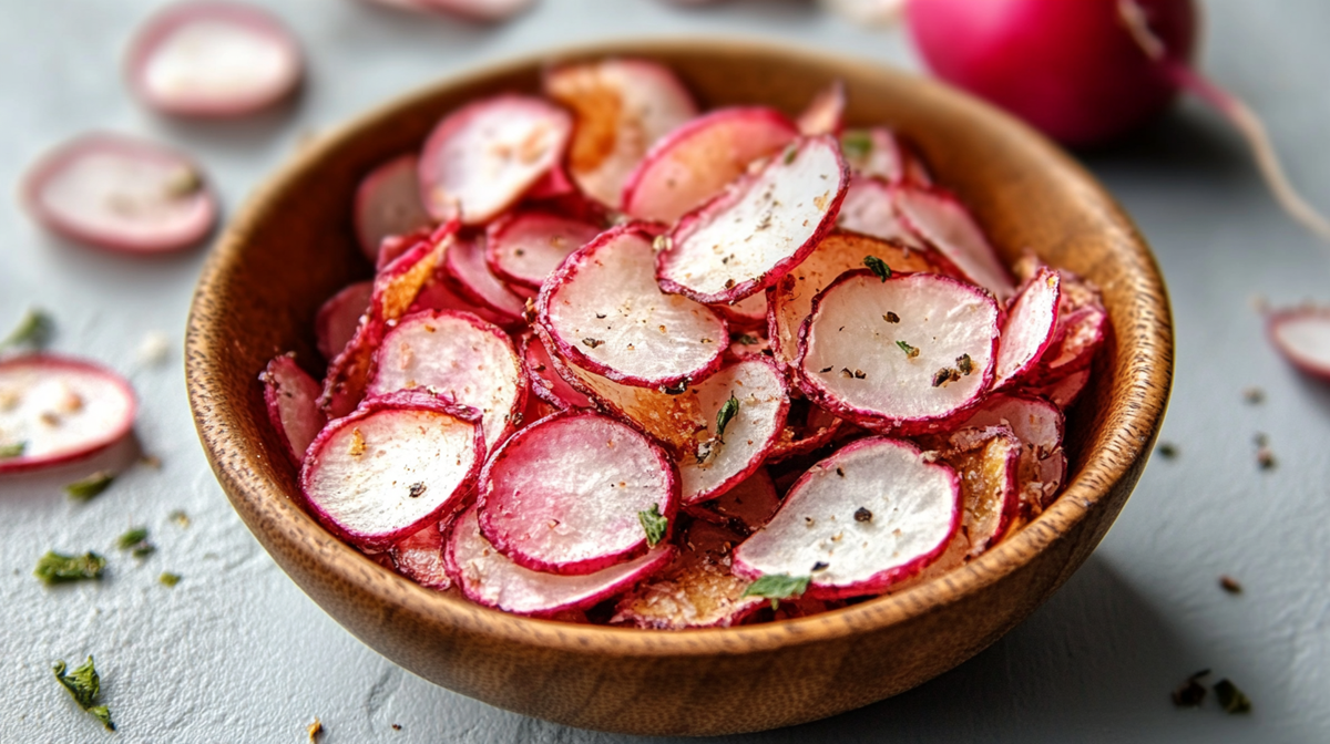 Eine Holzschüssel voll mit Radieschen-Chips aus dem Ofen, die mit getrockneten Kräutern und Salz gewürzt sind. Um die Schüssel herum liegen weitere einzelne Radieschen-Chips sowie Kräuter verstreut. Im Hintergrund kann man ein Radieschen erkenn.