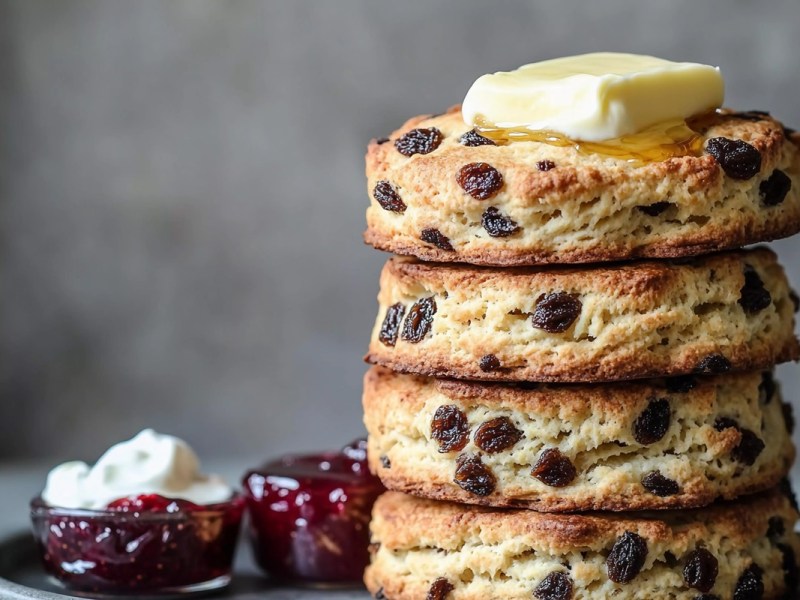 Stapel Rosinen-Scones mit Erdbeermarmelade und Clotted Cream daneben