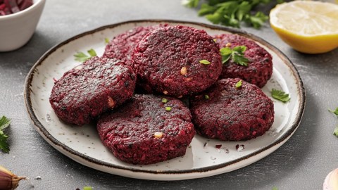 Mehrere Rote-Bete-Frikadellen, die auf einem hellen Teller übereinander liegen.