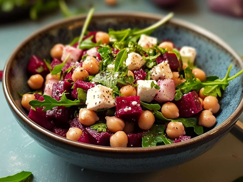 Eine Schüssel mit Rote-Bete-Kichererbsen-Salat mit Feta, der außerdem Rucola enthält. Um den Teller herum liegen einige einzelne Kichererbsen und Rucola verstreut. Zudem liegt rechts neben der Schüssel ein goldenes Besteck. Im Hintergrund ist frischer Rucola und zwei Rote Bete Knollen zu erkennen.