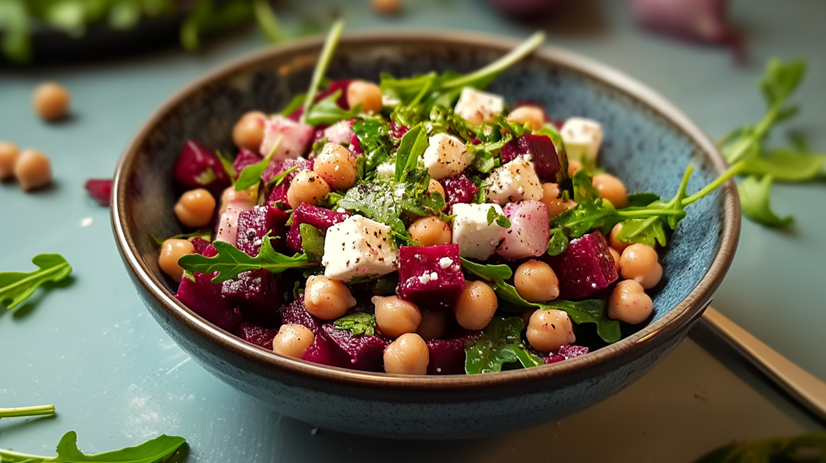 Eine Schüssel mit Rote-Bete-Kichererbsen-Salat mit Feta, der außerdem Rucola enthält. Um den Teller herum liegen einige einzelne Kichererbsen und Rucola verstreut. Zudem liegt rechts neben der Schüssel ein goldenes Besteck. Im Hintergrund ist frischer Rucola und zwei Rote Bete Knollen zu erkennen.