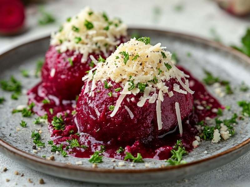 Zwei Rote-Bete-Knödel bestreut mit Käse und Petersilie auf einem Teller. Im Hintergrund unscharf einige Zutaten. Nahaufnahme.