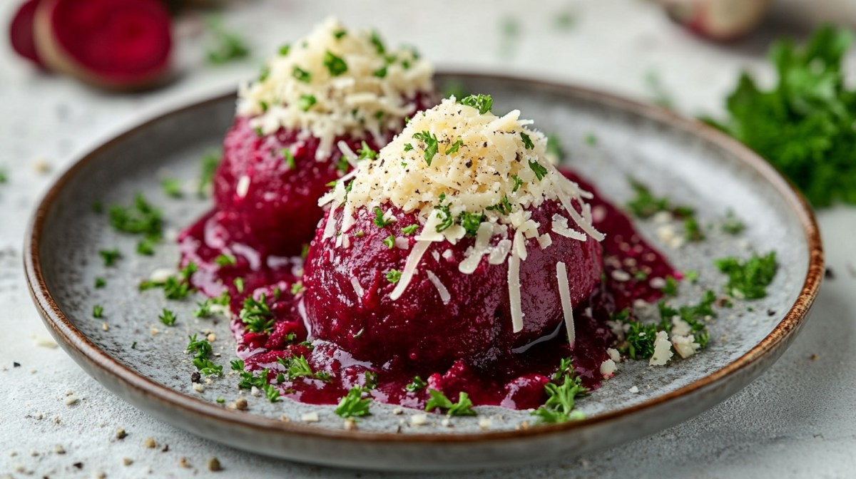 Zwei Rote-Bete-Knödel bestreut mit Käse und Petersilie auf einem Teller. Im Hintergrund unscharf einige Zutaten. Nahaufnahme.