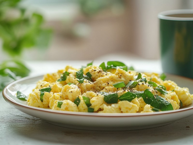 Ein Teller Rührei mit Bärlauch, im Hintergrund unscharf eine Kaffeetasse.