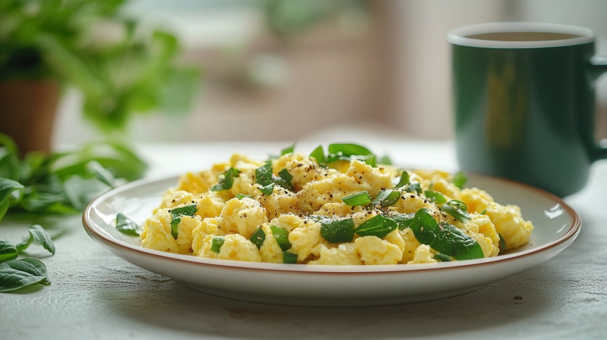 Ein Teller Rührei mit Bärlauch, im Hintergrund unscharf eine Kaffeetasse.