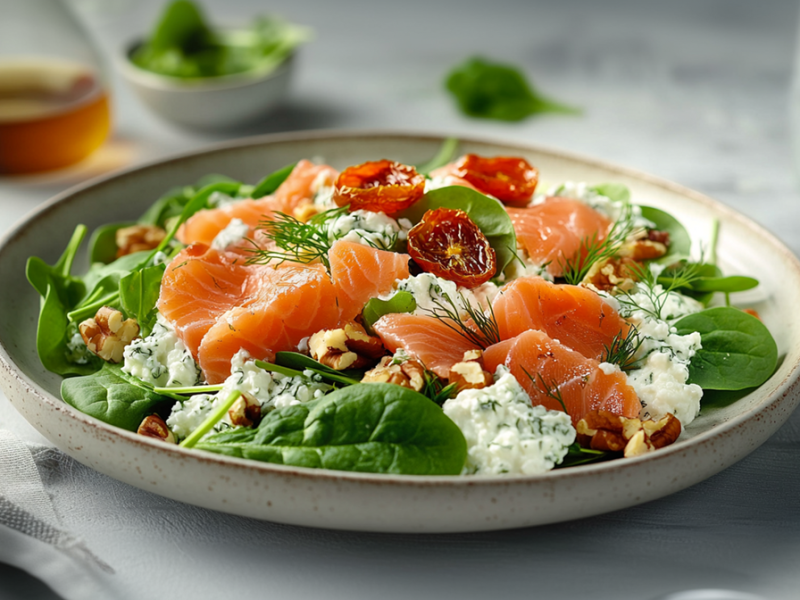 Ein Teller voll Salat mit Räucherlachs und Hüttenkäse, der außerdem getrocknete Tomaten und geröstete Pekannüsse enthält. Im Hintergrund ist eine Karaffe mit Essig zu erahnen. Links neben dem Teller liegt ein Küchenhandtuch. Um den Teller herum liegen einzelne Spinatblätter herum.