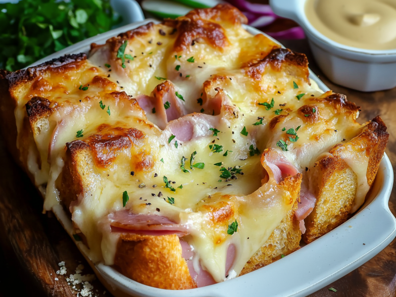 Sandwich-Lasagne in einer Keramik-Auflaufform.