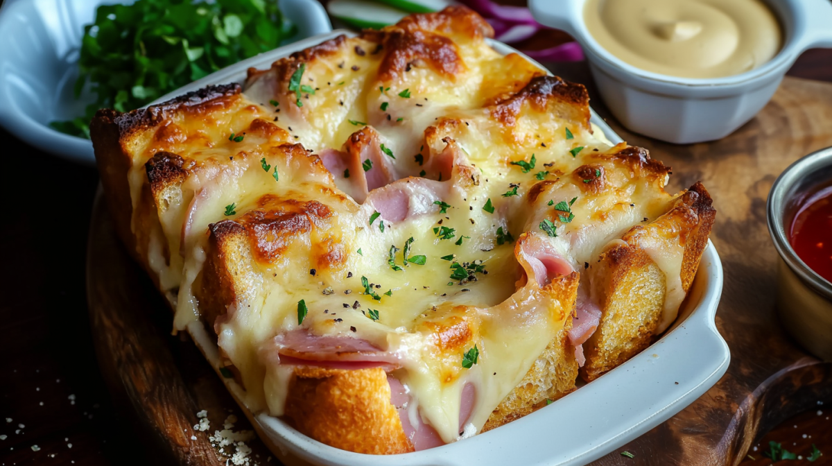 Sandwich-Lasagne in einer Keramik-Auflaufform.