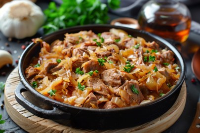 Sauerkraut-Gulasch in einer gusseisernen Pfanne, garniert mit Petersilie.