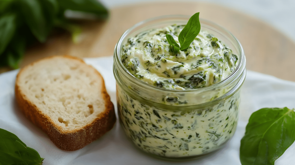 Ein Glas mit Schmand-Spinat-Creme auf einem weißen Tuch. Rechts daneben liegt ein Spinatblatt. Links daneben liegt eine Scheibe Brot sowie weiterer Spinat.