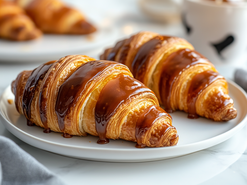 Zwei Schoko-Karamell-Croissants auf einem Teller. Im Hintergrund steht ein weiterer Teller mit Croissants.