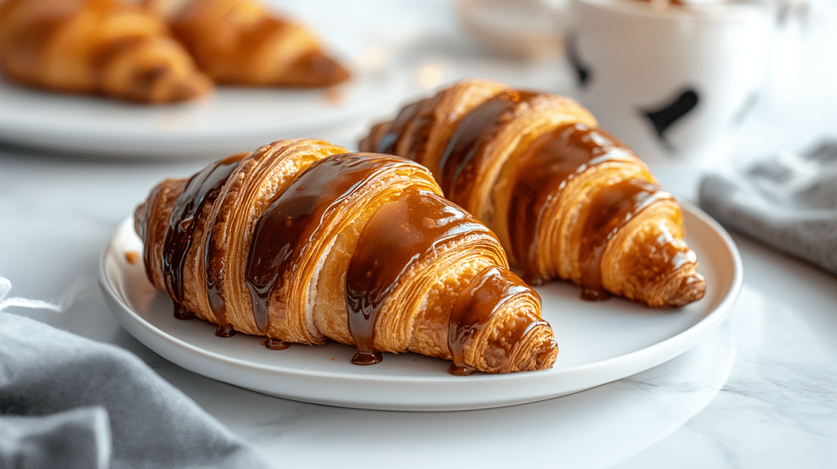 Zwei Schoko-Karamell-Croissants auf einem Teller. Im Hintergrund steht ein weiterer Teller mit Croissants.