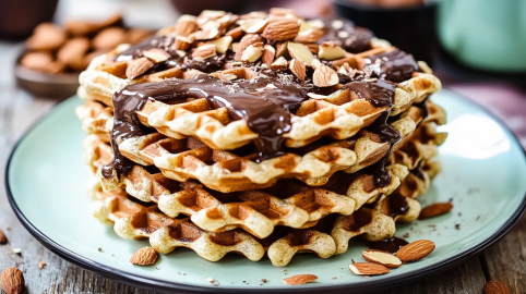 Ein Stapel Schoko-Mandel-Waffeln mit Schokosoße und Mandelsplittern.