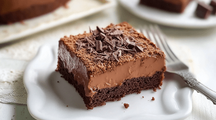 Ein Stück Schokopuddingschnitten vom Blech auf einem weißen Teller. Daneben liegt eine Gabel.