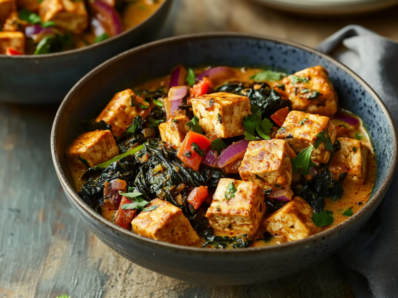 Eine Schüssel Schwarzkohl-Curry steht auf einem Holztisch. Es ist mit Tofuwürfeln, roter Paprika und Zwiebeln zubereitet. Rechts neben der Schale liegt ein graues Tuch. Links sieht man etwas Salat auf dem Tisch liegen, sowie eine weitere Schale mit dem Curry.