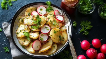 Eine Schüssel Semmelknödelsalat, daneben liegen Radieschen.