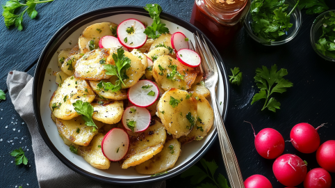 Eine Schüssel Semmelknödelsalat, daneben liegen Radieschen.