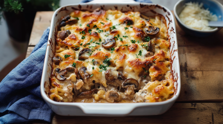 Spätzle-Pilz-Auflauf in einer Keramik-Auflaufform.