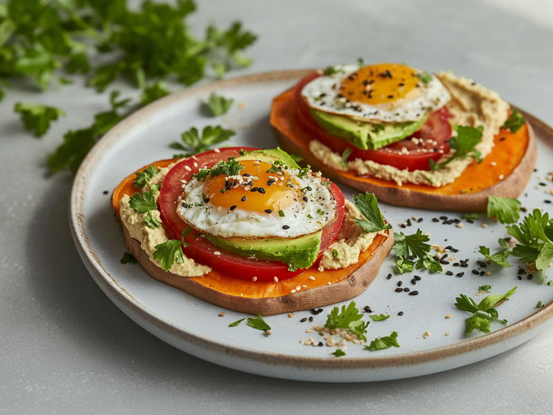 Ein Teller mit zwei Spiegelei auf Süßkartoffel-Toasts. Die Süßkartoffel-Toasts sind mit Hummus bestrichen, dann mit Tomate und Avocado belegt und jeweils mit einem Spiegelei getoppt. Das Ganze ist mit frischer gehackter Petersilie und Sesam garniert. Im Hintergrund liegt ein Bund frischer Petersilie.